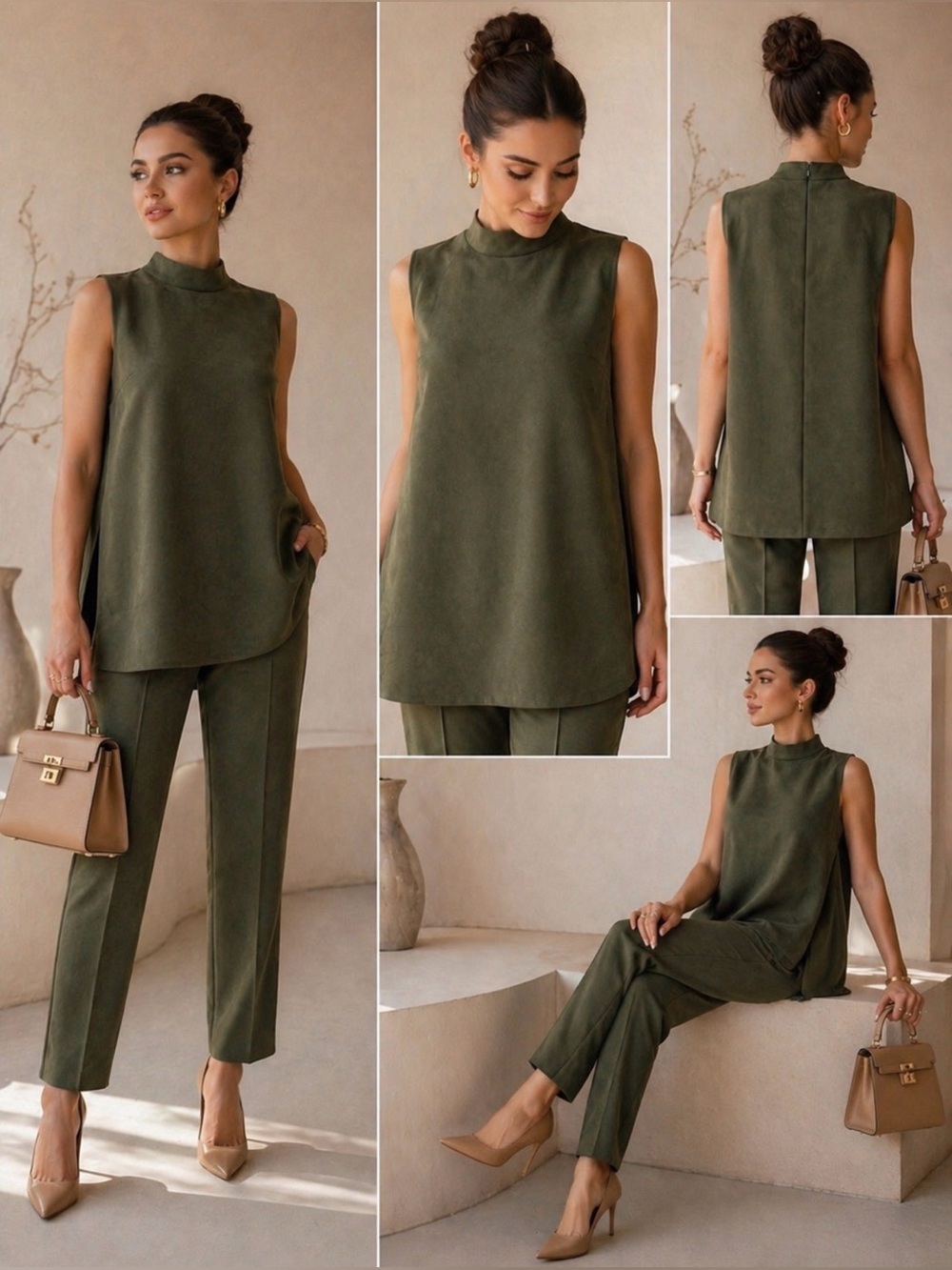 Vince Camuto 2-Piece Set Olive Green Sleeveless Top & Pants Soft Luxe Outfit.